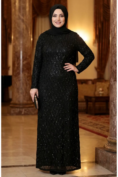 sefamerve Plus Size Sequined Hijab Evening Dress 6262-01 Black