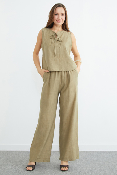 Fulla Moda Σετ 2 τεμαχίων με δέσιμο μπροστά και τσέπες με τσαλακωμένο σχέδιο