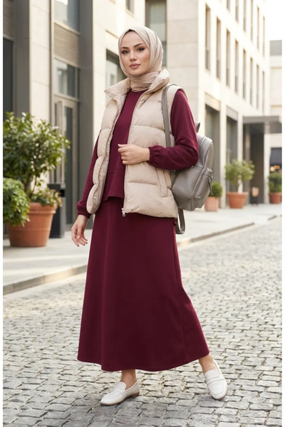 sefamerve Premium Fabric Tunic Skirt Double Set 0242-02 Claret Red