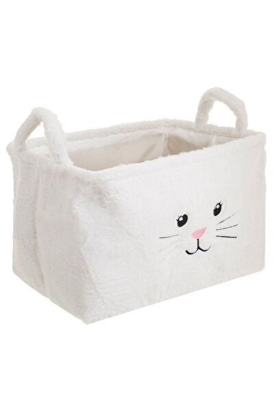 OEM Textile Storage Basket with White Faux Fur and Cat Pattern, size 36x26x24 cm