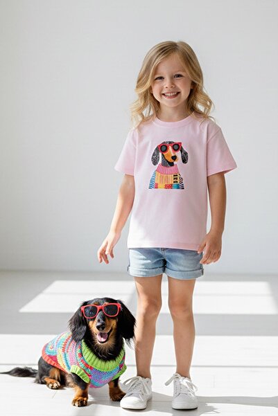 Monila Kız Çocuk Köpek Baskılı Pamuklu Bisiklet Yaka T-shirt