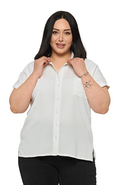 DISENTIS MODEST قميص أبيض كبير الحجم بجيب واحد وأكمام مزدوجة قصيرة