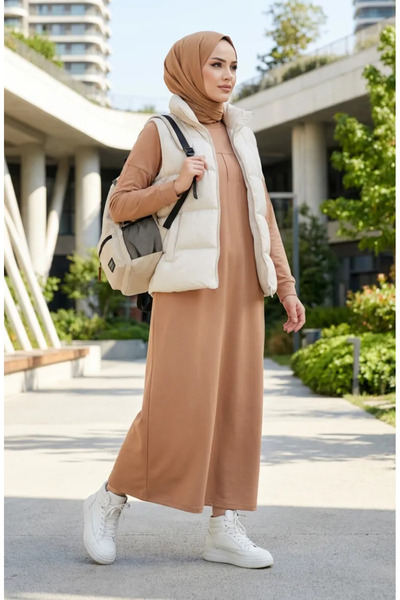 sefamerve Plus Size Two Yarn Sports Dress 12025-01 Beige