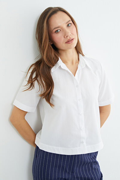 Fulla Moda Basic Crop Shirt with Cuffed Sleeves and Waist