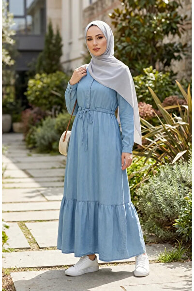 sefamerve Tencel Fabric Waist Tie Drawstring Denim Dress 2826-01 Light Blue