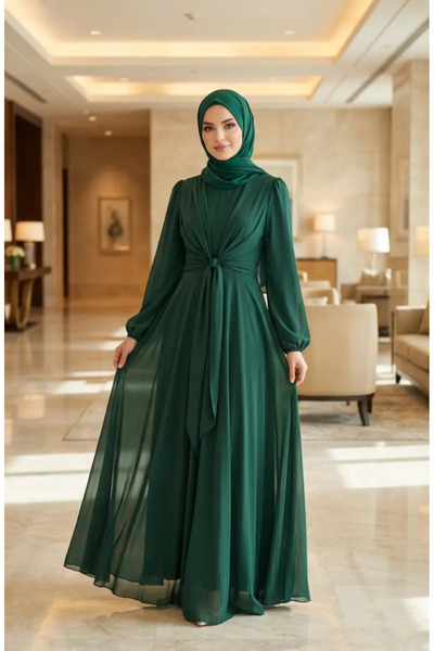 sefamerve Belden Bağlamalı Tesettür Abiye Elbise 5702-01 Zümrüt Yeşili