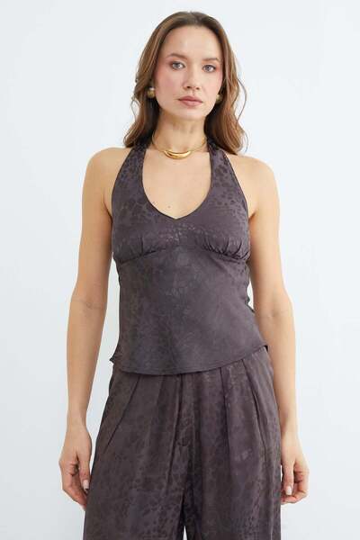 Fulla Moda Leopard Print Halter Neck Satin Blouse