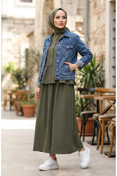 sefamerve Set dublu Hijab din țesătură Aerobin cu volane 4145-06 Kaki