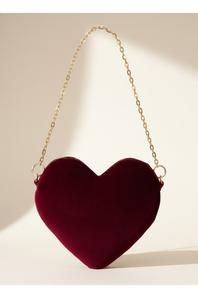 Goshıkı Heart Shaped Velvet Burgundy Colored Bag/Shoulder Bag