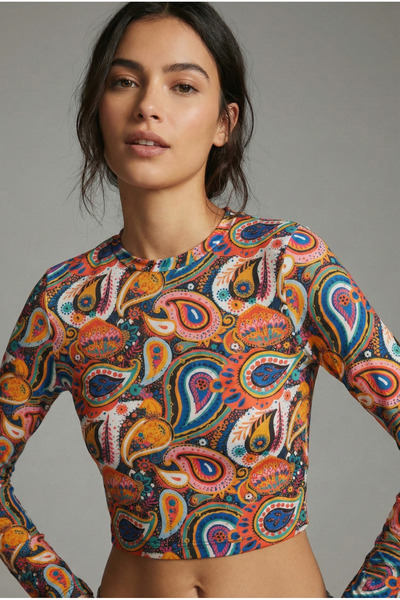 NEW JOURNAL Women's Multi Crew Neck Patterned Crop Blouse Nj74