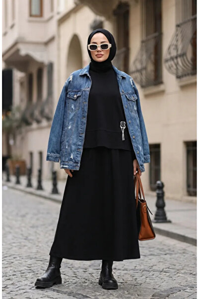 sefamerve Premium Fabric Tunic Skirt Double Set 0242-03 Black