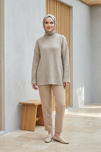 Kirazgym Women's Crew Neck Skirt Ribbed Loose Knit Sweater - Beige