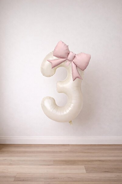 Patladı Gitti Pink Bow & Cream 3 Number Foil Balloon Set