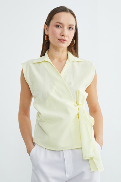 Fulla Moda Side Tie Draped Double-Breasted Collared Shirt