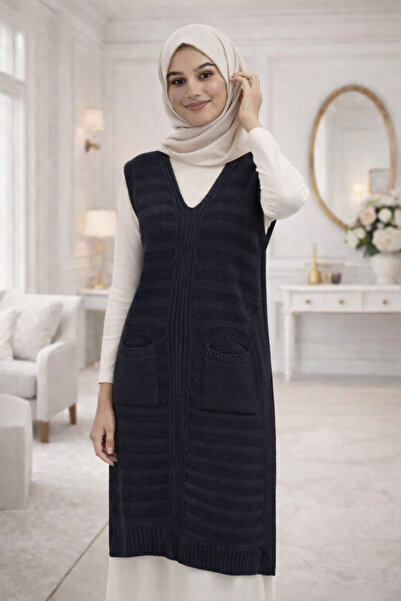 AQE FASHION Tricotaje de damă Salopet Vestă Albastru închis Lungă Fără mâneci...