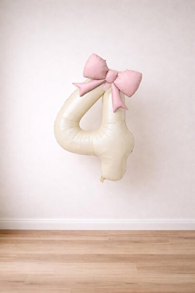 Patladı Gitti Pink Bow & Cream 4 Number Foil Balloon Set