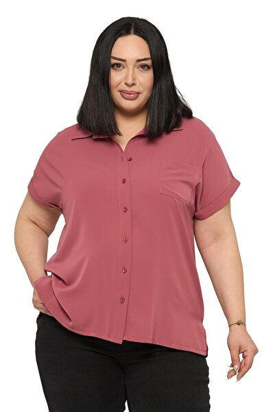 DISENTIS MODEST Plus Size Single Pocket Short Double Sleeve Dusty Rose Shirt