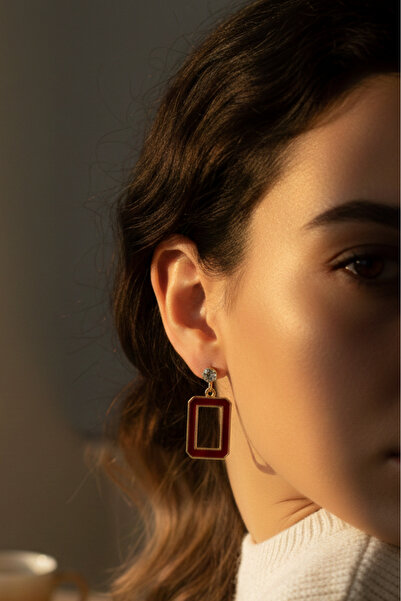 takimaster Women's Burgundy Enamel Geometric Earrings - Gold Framed Rectangul...