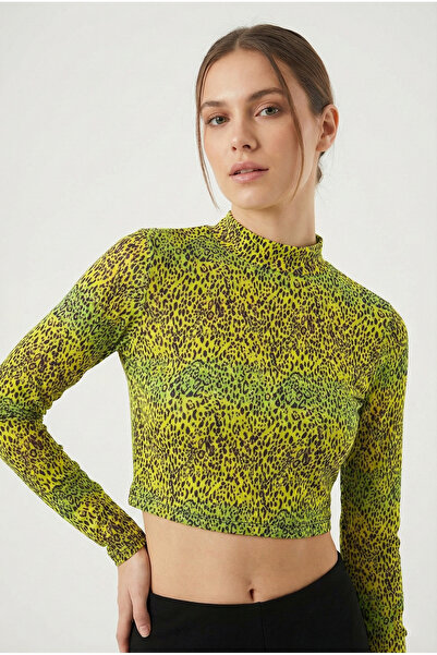 NEW JOURNAL Women's Oil Green Half Turtleneck Patterned Crop Blouse Nj75
