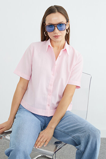 Fulla Moda Basic Crop Shirt with Cuffed Sleeves and Waist