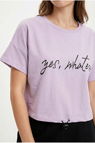 NEW JOURNAL Γυναικείο μπλουζάκι λιλά με ελαστική μέση και με τύπωμα Κοντό T-S...