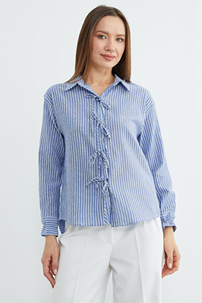 Fulla Moda Cămașă cu dungi și detaliu de legătură la față și la mâneci