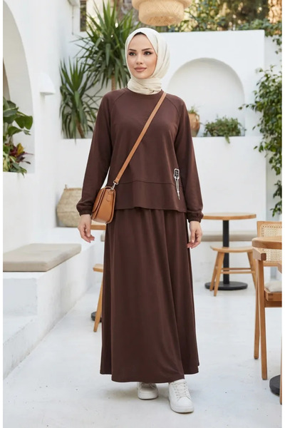 sefamerve Premium Fabric Tunic Skirt Double Set 0242-04 Brown