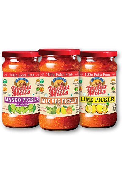 India Mills مخلل مانجو شمال الهند، ومخلل خضار مشكل، ومخلل ليمون، عبوة من 3 قط...