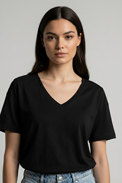 NEW JOURNAL Women's Black V-Neck Basic T-Shirt Nj77