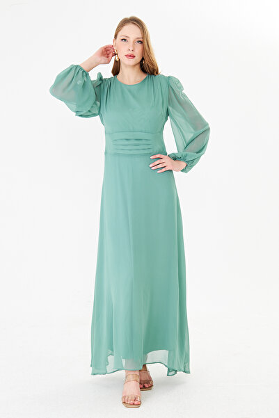 Rora Balloon Sleeve Pleated Chiffon Maxi Dress – Elegant Design with Lining
