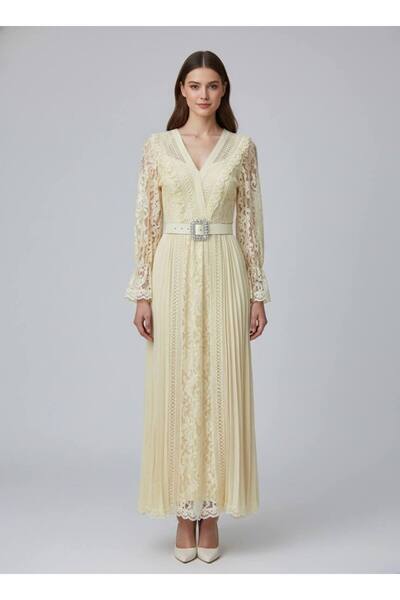 Rabiossa Kadın Kristal Toka Kemerli Güpür İşlemeli Şifon Elbise