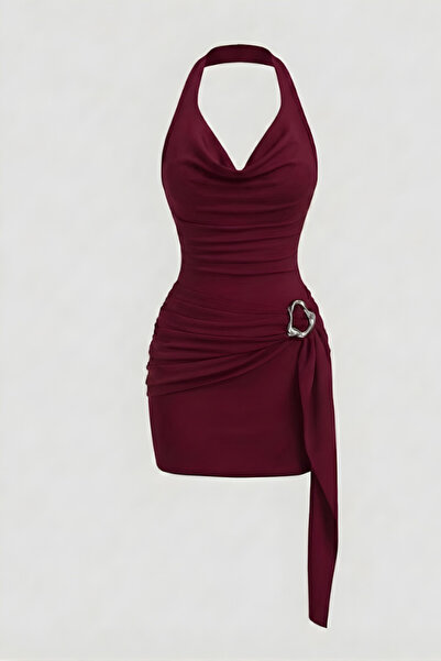 Nika Fashion Women's Stand Collar Buckle Detailed Belted Gathering Mini Dress