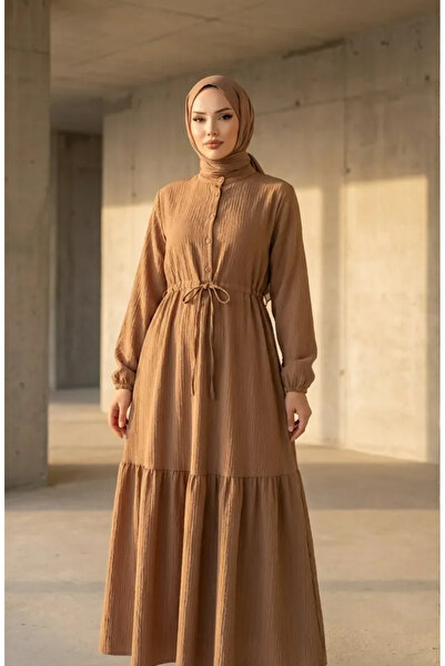 sefamerve Beli Lace-Up Half-Button Dress 0183-05 Camel