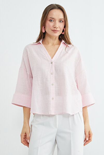 Fulla Moda Πουκάμισο με λινό εμφάνιση και μανίκια κάπρι