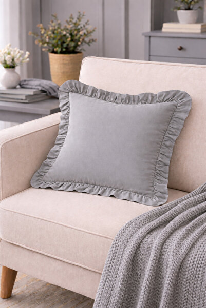 ÇIQRIK HOME 100% Cotton Gray Ruffled Decorative Throw Pillow Cover – 43X43 cm...