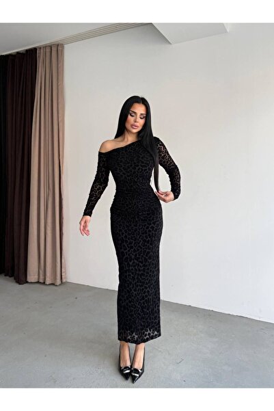 Kedi Fashion Tek Omuz Flok Baskı Elbise