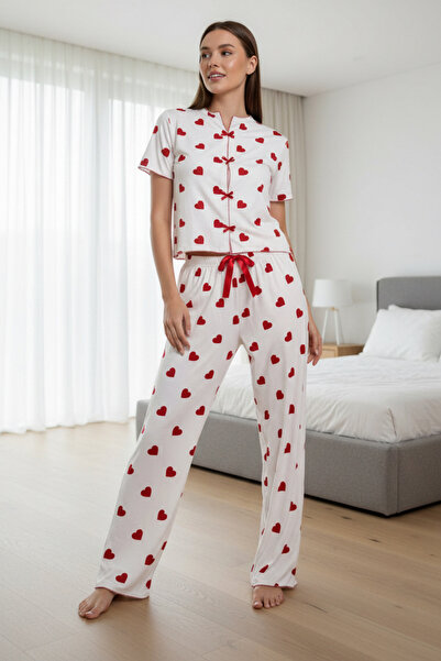 Fanwet Red Heart Patterned Summer Bow Knitted Short Sleeve Pajama Set