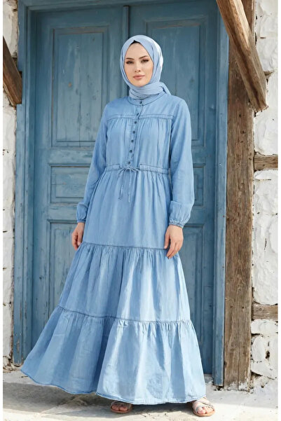 sefamerve Tencel Fabric Waist Tie Buttoned Denim Dress 0901-01 Blue