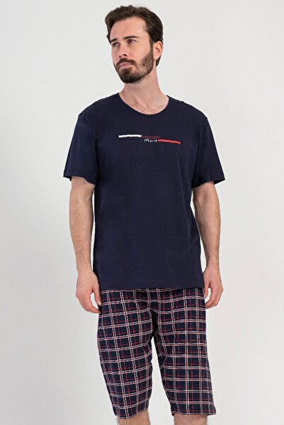 VİENETTA Men's Large Size Short Sleeve Capri Navy Blue 100% Cotton Plaid Paja...