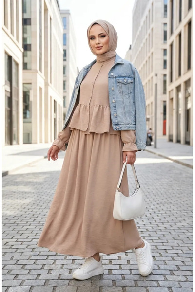 sefamerve Set dublu Hijab din țesătură Aerobin cu volane 4145-03 Bej