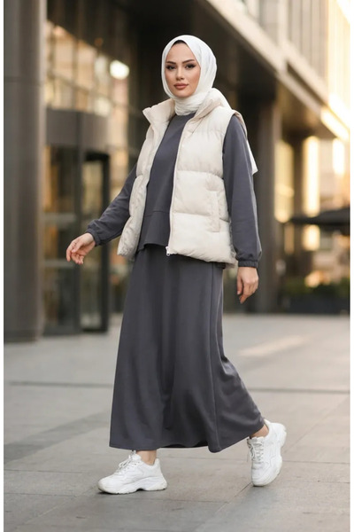 sefamerve Premium Fabric Tunic Skirt Double Set 0242-01 Anthracite