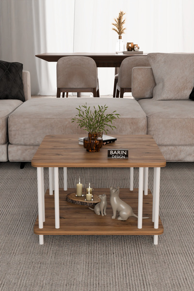BARIN DESIGN Modern Kare Orta Sehpa Çift Katlı Beyaz Metal Ayaklı Salon, Ofis...