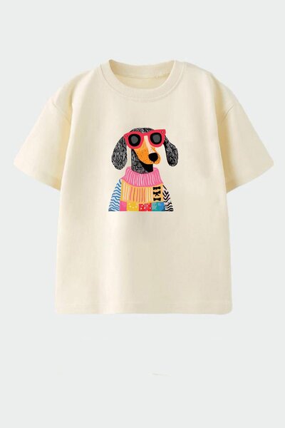 Monila Kız Çocuk Köpek Baskılı Pamuklu Bisiklet Yaka T-shirt