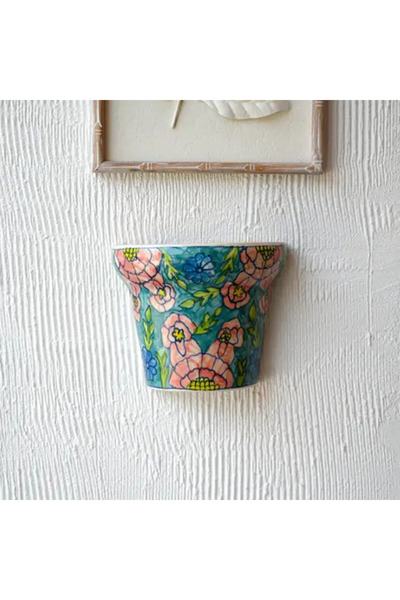 Generic Ceramic Wall Plant Holder with Pink and Blue Decorations