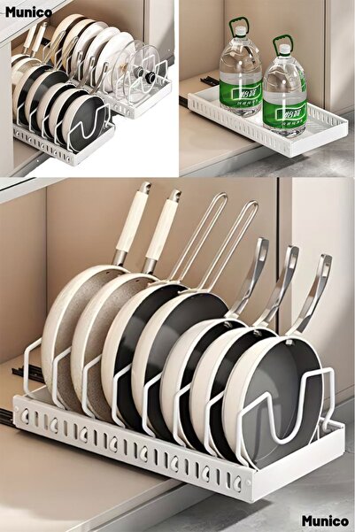 Munico Beyaz Renk Teleskopik Raylı Tava Tencere Organizeri Ayarlanabilir Yapı...