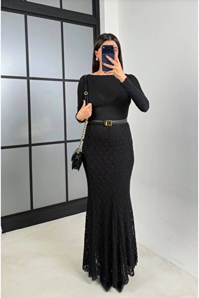 MAESTRO WOMAN Kadın Siyah Dantelli Astarlı Balık Etek