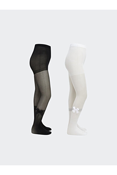 LC Waikiki Rmz Gi̇yi̇m Farkiyla Bow Detailed Girls' Thin Pantyhose 2-Piece Set