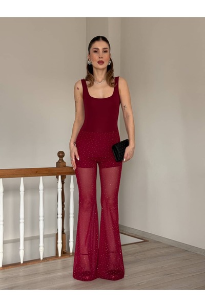 YK FASHION Taşlı Tül Detaylı Tulum