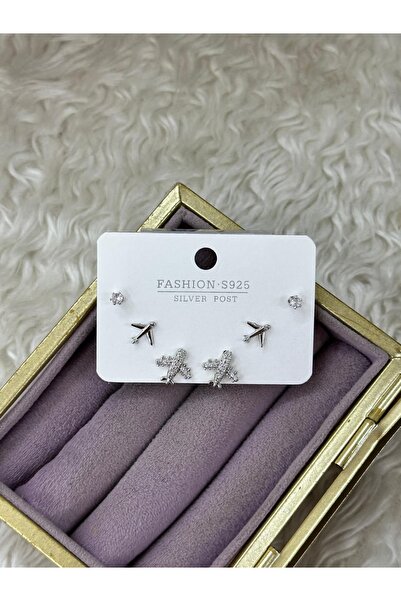 BY YASİN TOPÇU ✈️ ✨   Zircon Detailed Mini Earring Set with Airplane Figure