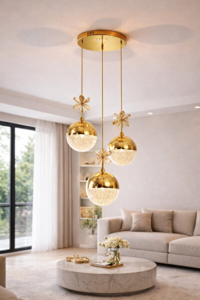 MYLUX AYDINLATMA VE TASARIM Modern Gold Cam Avize 3 RENK – Parlak ve Zarif Ay...